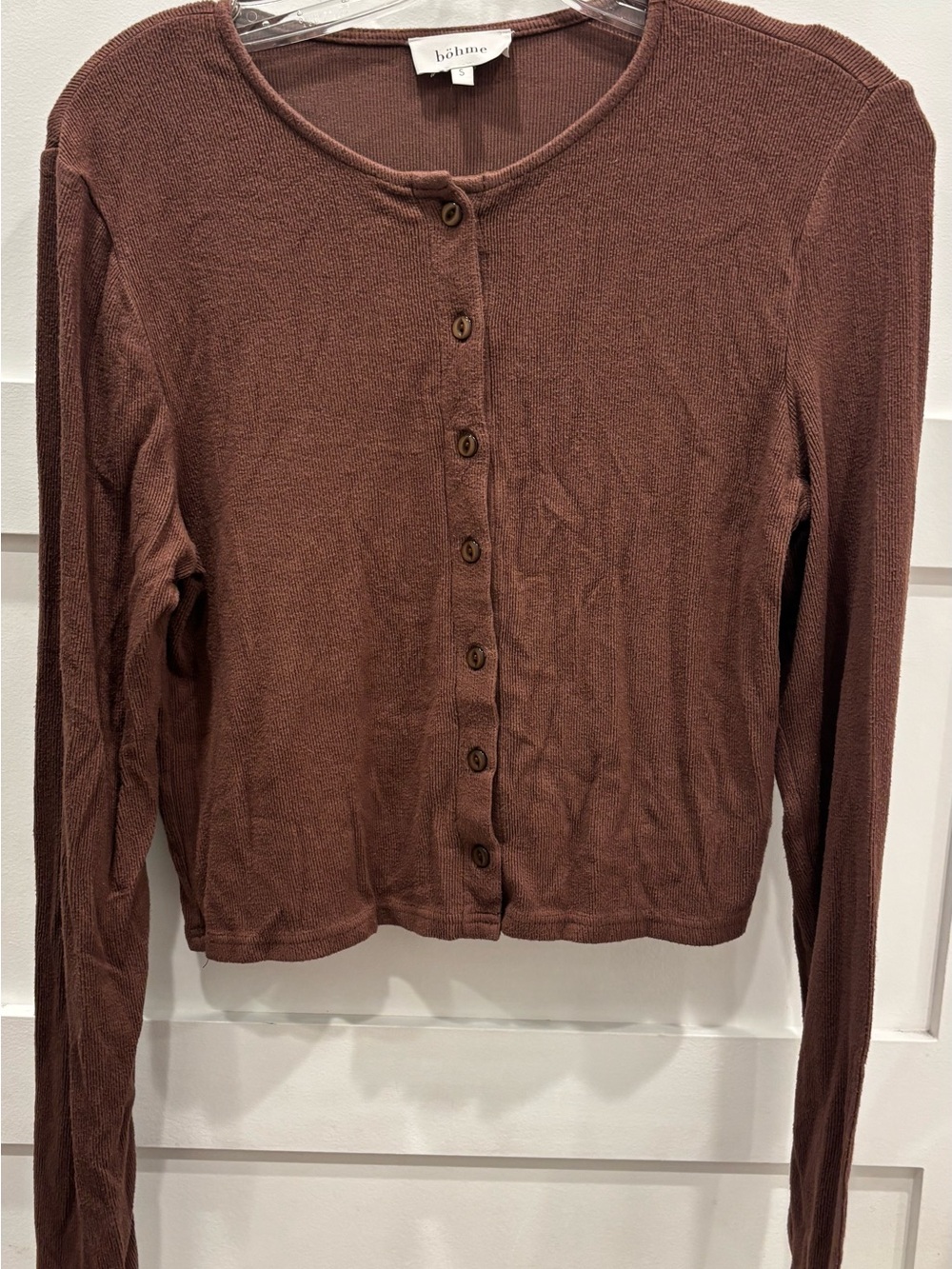 bohme Cropped Long-Sleeve Button Cardigan in Brown
